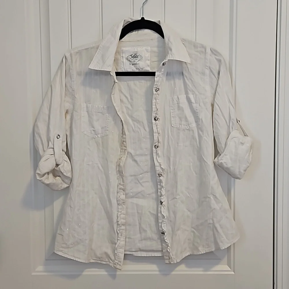 White Justice Button Down With Silver Stripes Girls Size 16